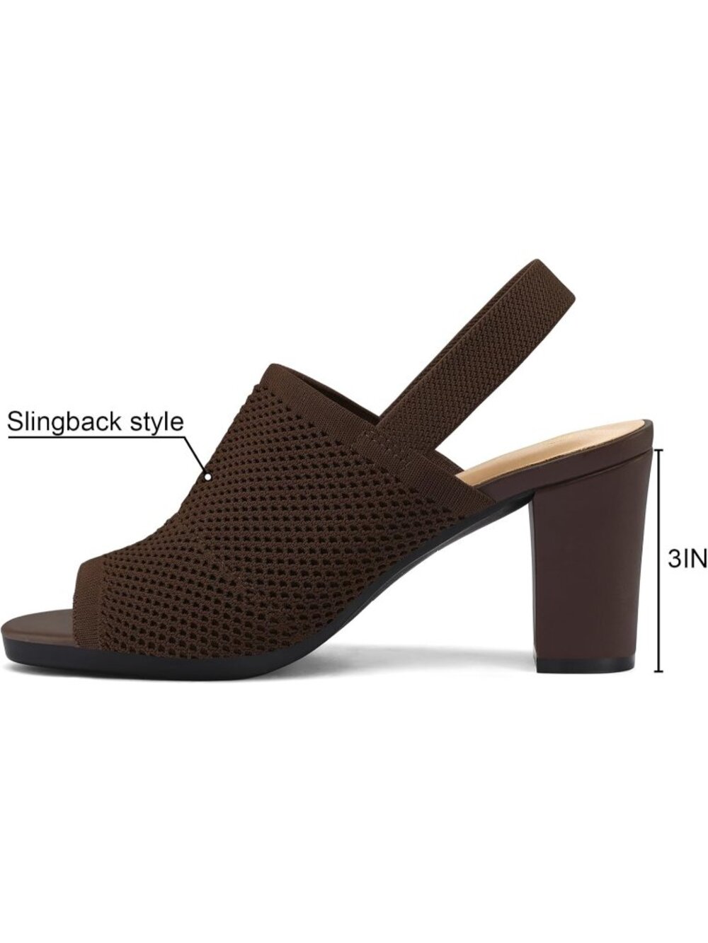 Women's Brown 3 Inch Knit Chunky Block High Heels Elastic Slingback Open Toe - Picture 3 of 5